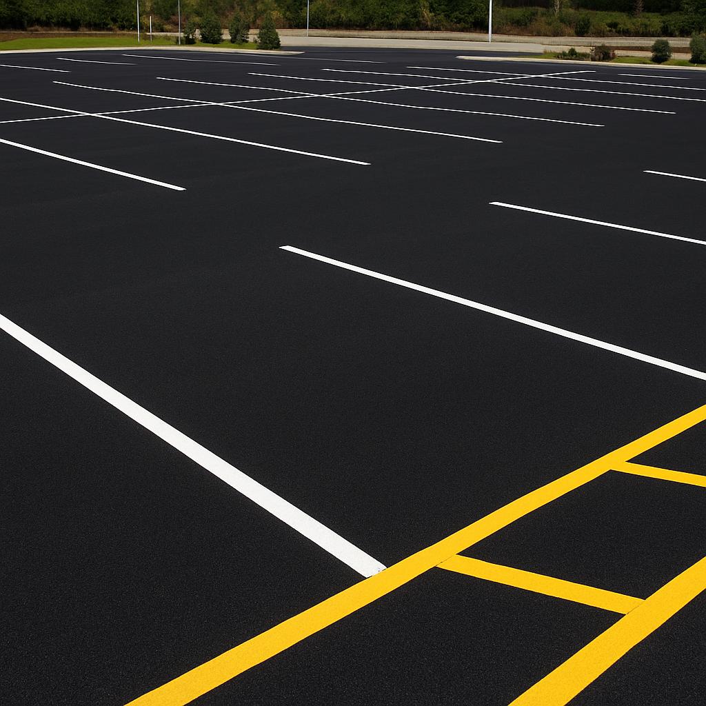 Freshly striped parking lot after service